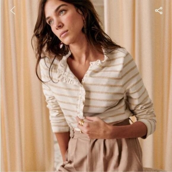 Sézane Gaël Marinière Top Ivory & Gold Striped Long Sleeve with Ruffle Trim XS - Picture 3 of 14